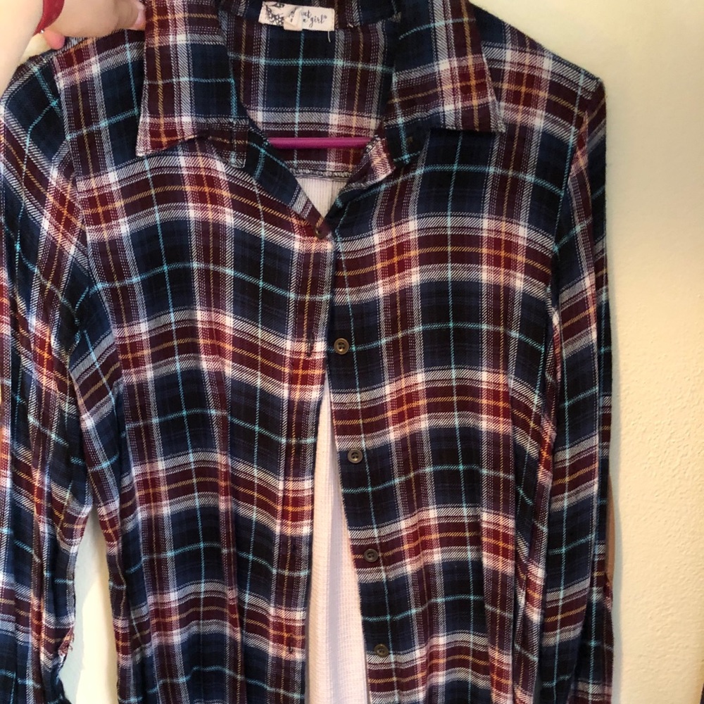 Flannel tunic like top with white back & suede